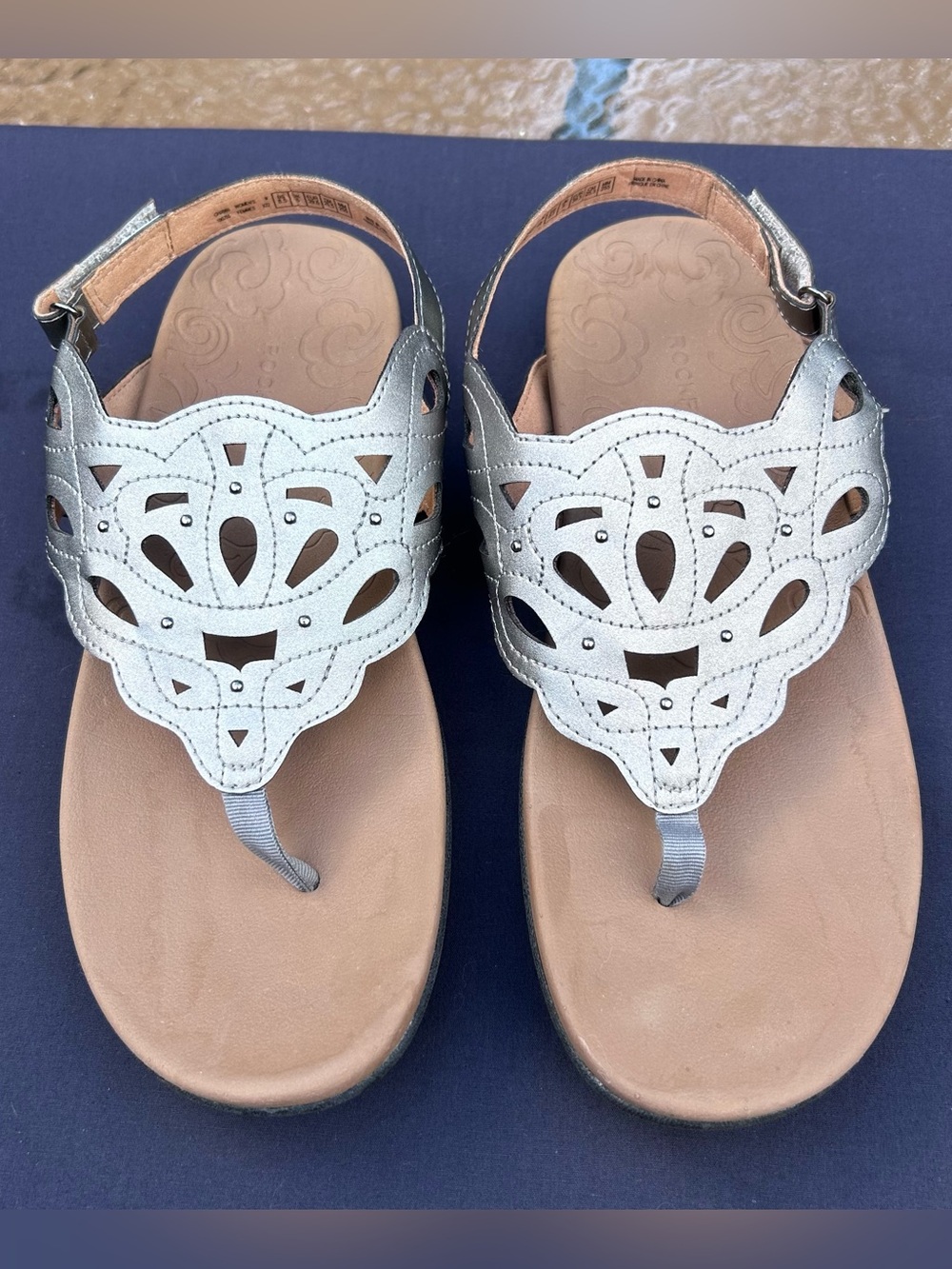 Rockport EUC Women’s 8.5 W Ridge Slingback Pewter Leather Sandals Laser Cutout